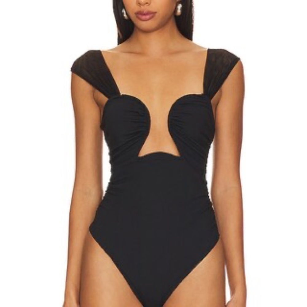 NWT | FREE PEOPLE Double Take Black Plunge Bodysuit with Polka Dot Mesh Straps